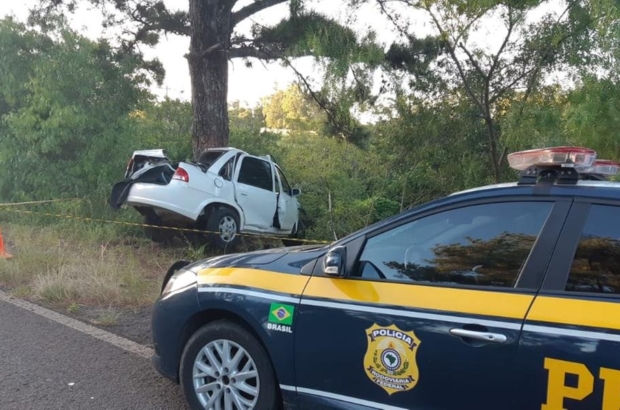 Chevrolet Classic "abraçou" árvore em colisão na BR 287, em Unistalda | Foto: PRF/Divulgação